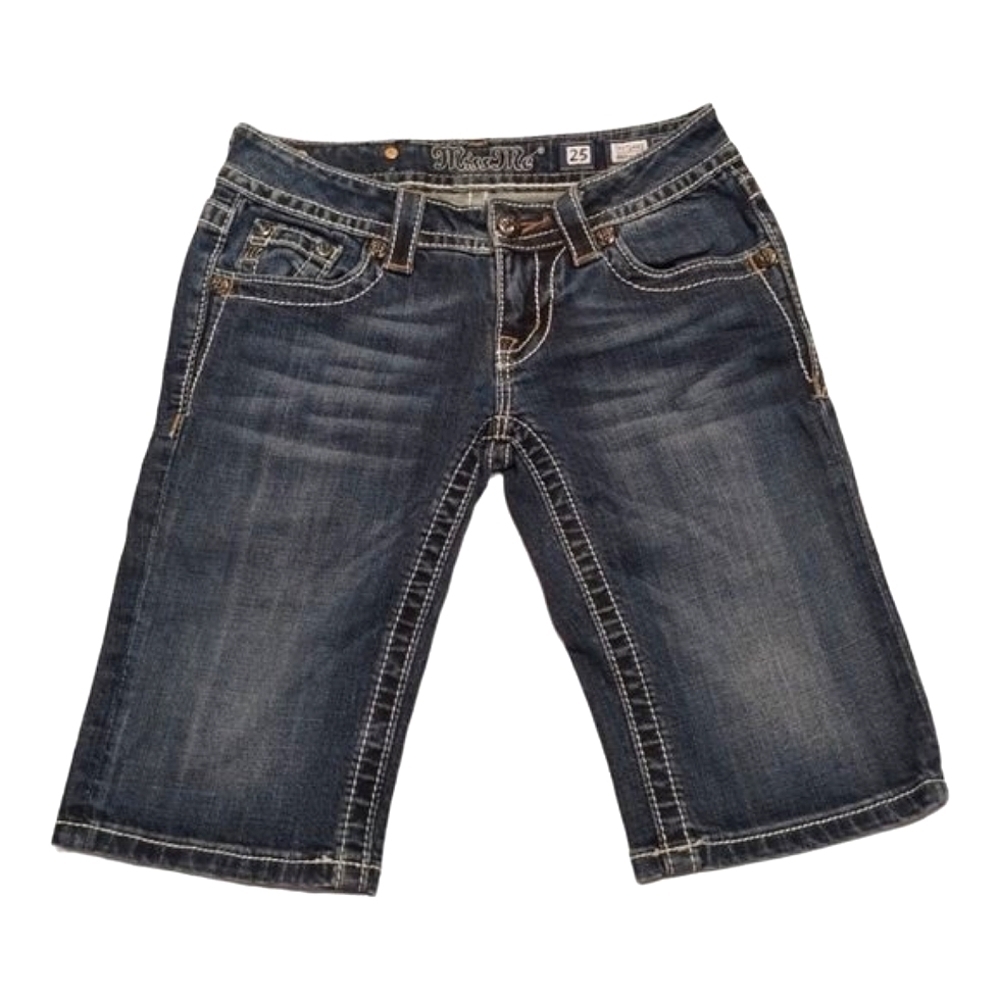Miss‎ Me Jeans Bermuda Denim Shorts Size 25 Dark Blue Embellished Rhinestones